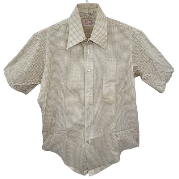 Manhattan 70s Beige Brown Check Woven Shirt Retro Button‑Up Vintage Casual - Picture 1 of 14